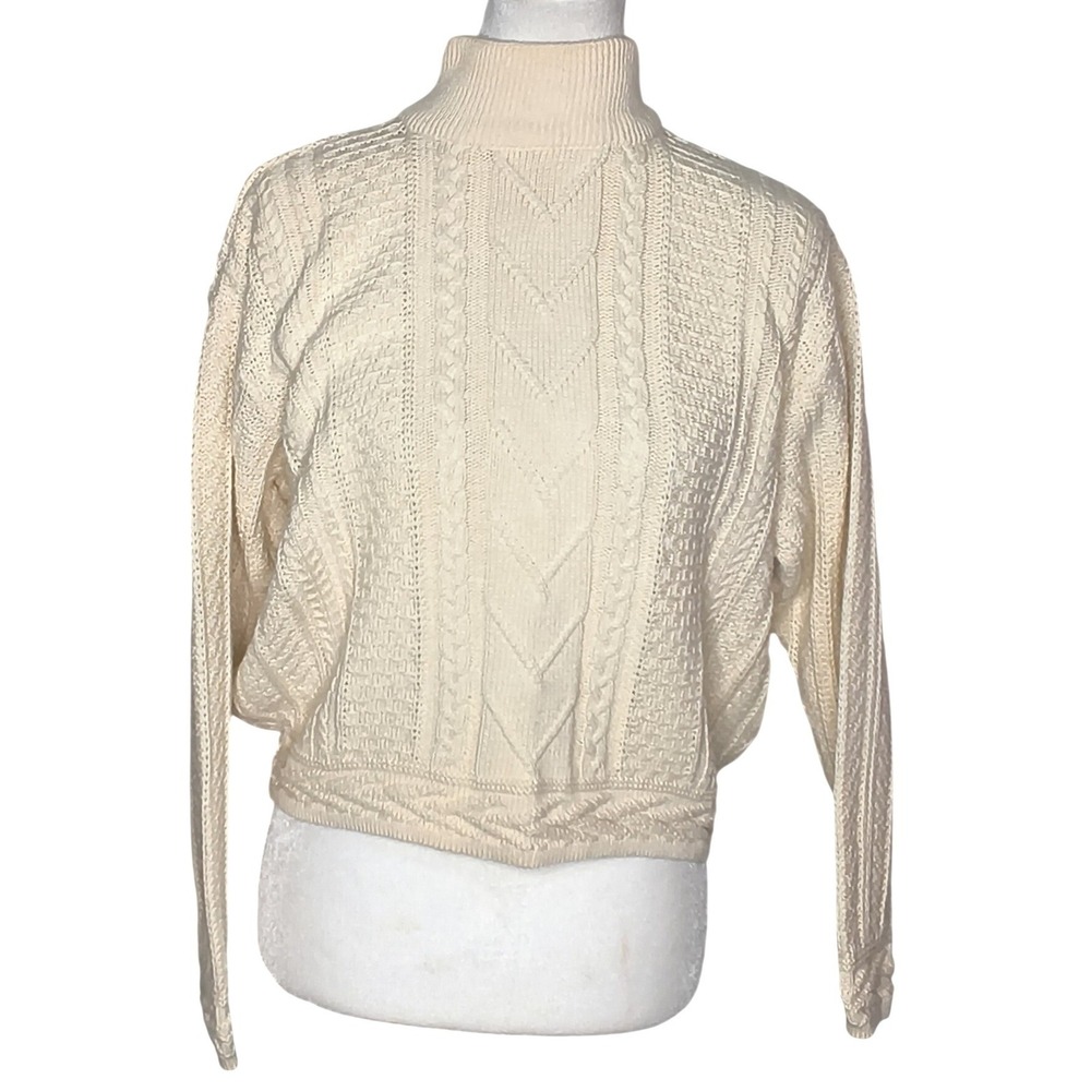 Cropped Fisherman Sweater Women Small Cream‎ Vintage Soft Cable Mock Neck